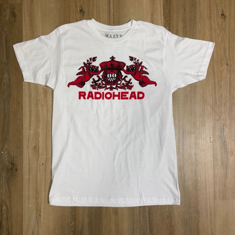 Radiohead W.A.S.T.E. Modifies Bear Logo White Shirt Sz M Sadcore Alt Rock Grunge